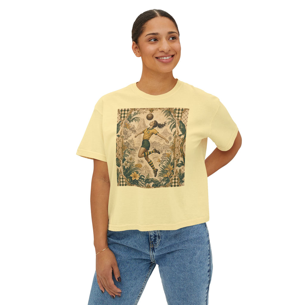 Vintage Soccer Player Boxy Tee – Retro Athletic Floral Graphic