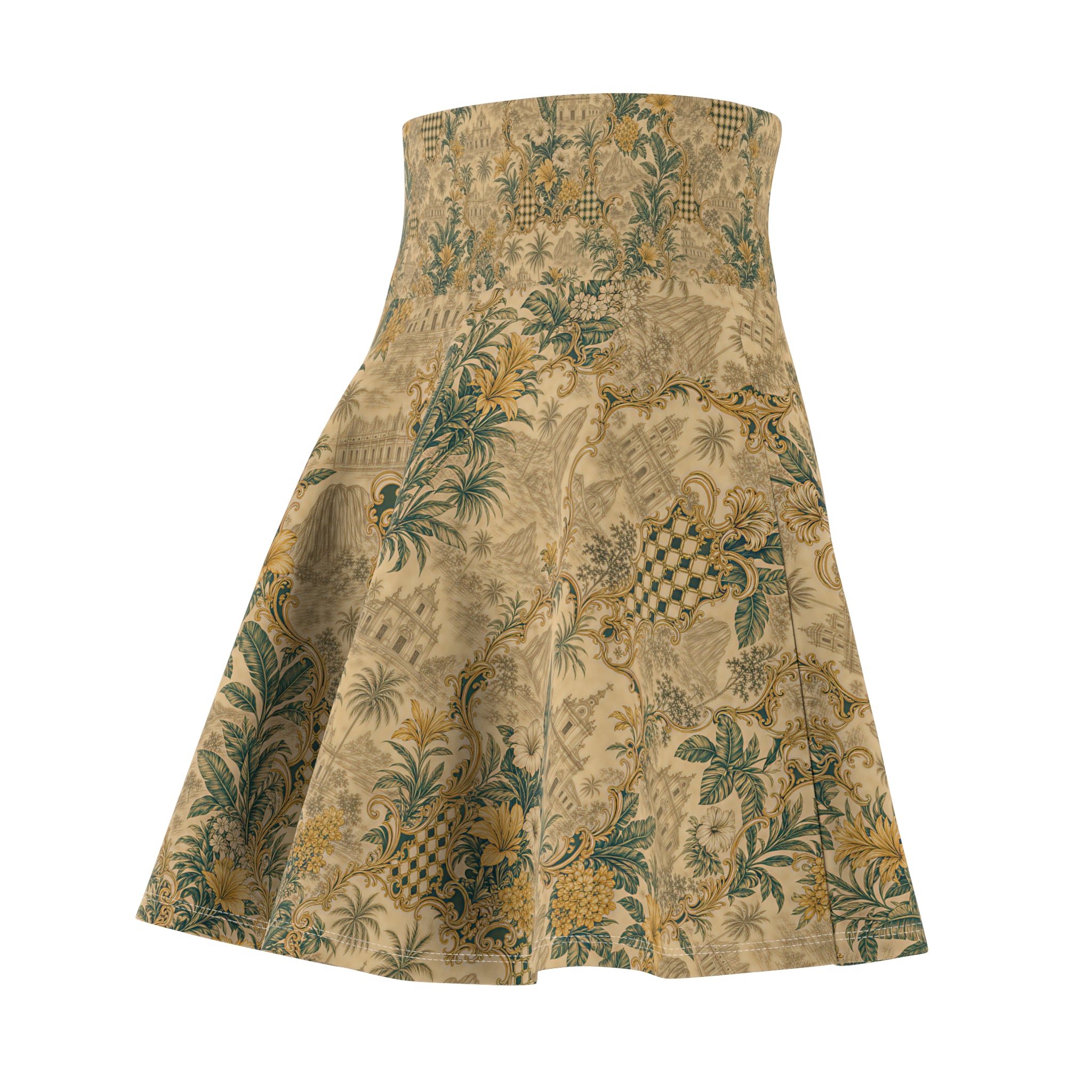 Vintage Botanical Skater Skirt — Distressed Floral Toile AOP