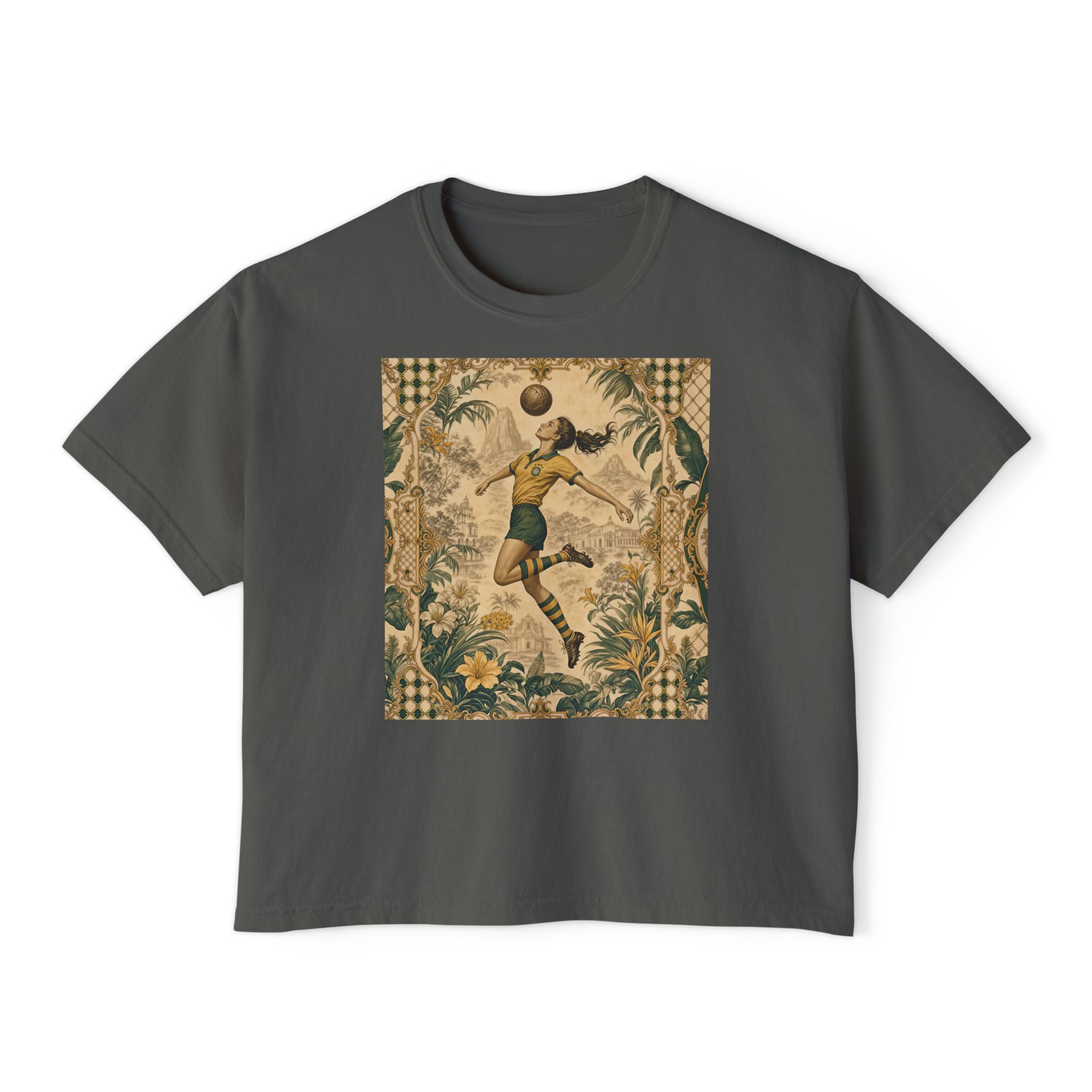Vintage Soccer Player Boxy Tee – Retro Athletic Floral Graphic
