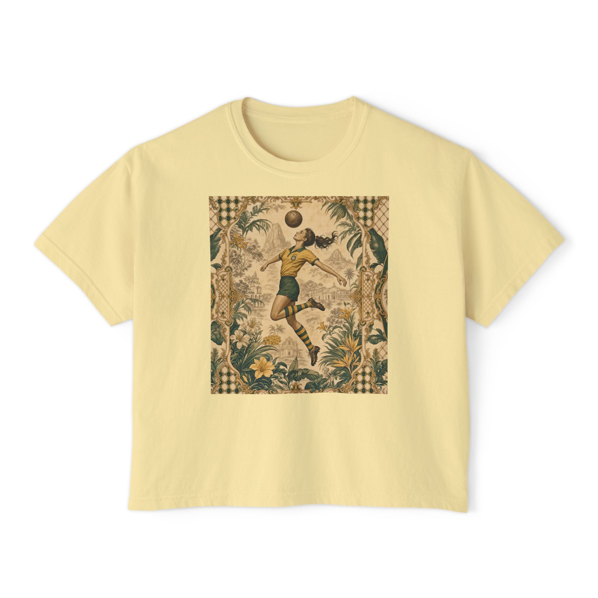 Vintage Soccer Player Boxy Tee – Retro Athletic Floral Graphic