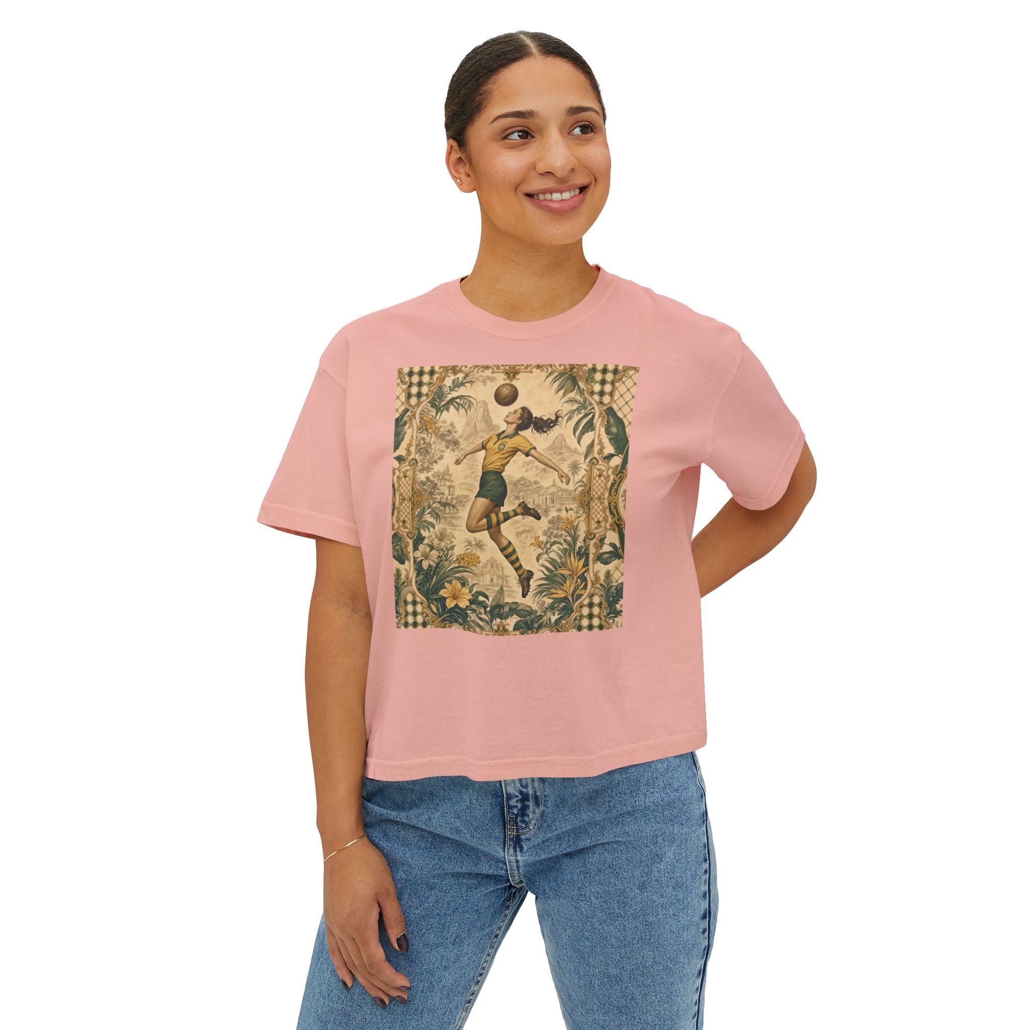 Vintage Soccer Player Boxy Tee – Retro Athletic Floral Graphic