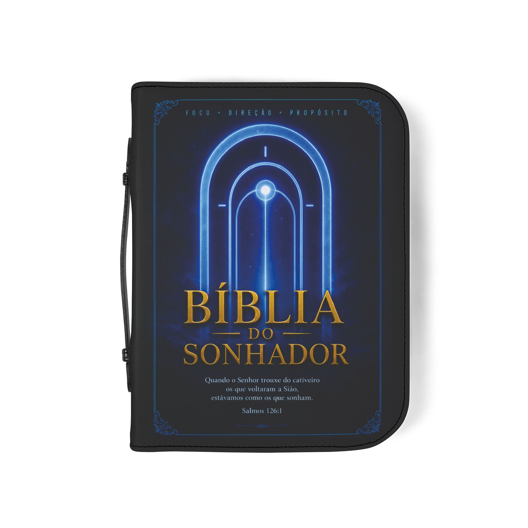 Bible Cover — "Bíblia do Sonhador" Zippered Cover with Blue Neon Arch & Regal Lion Artwork