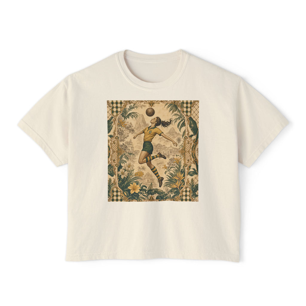 Vintage Soccer Player Boxy Tee – Retro Athletic Floral Graphic