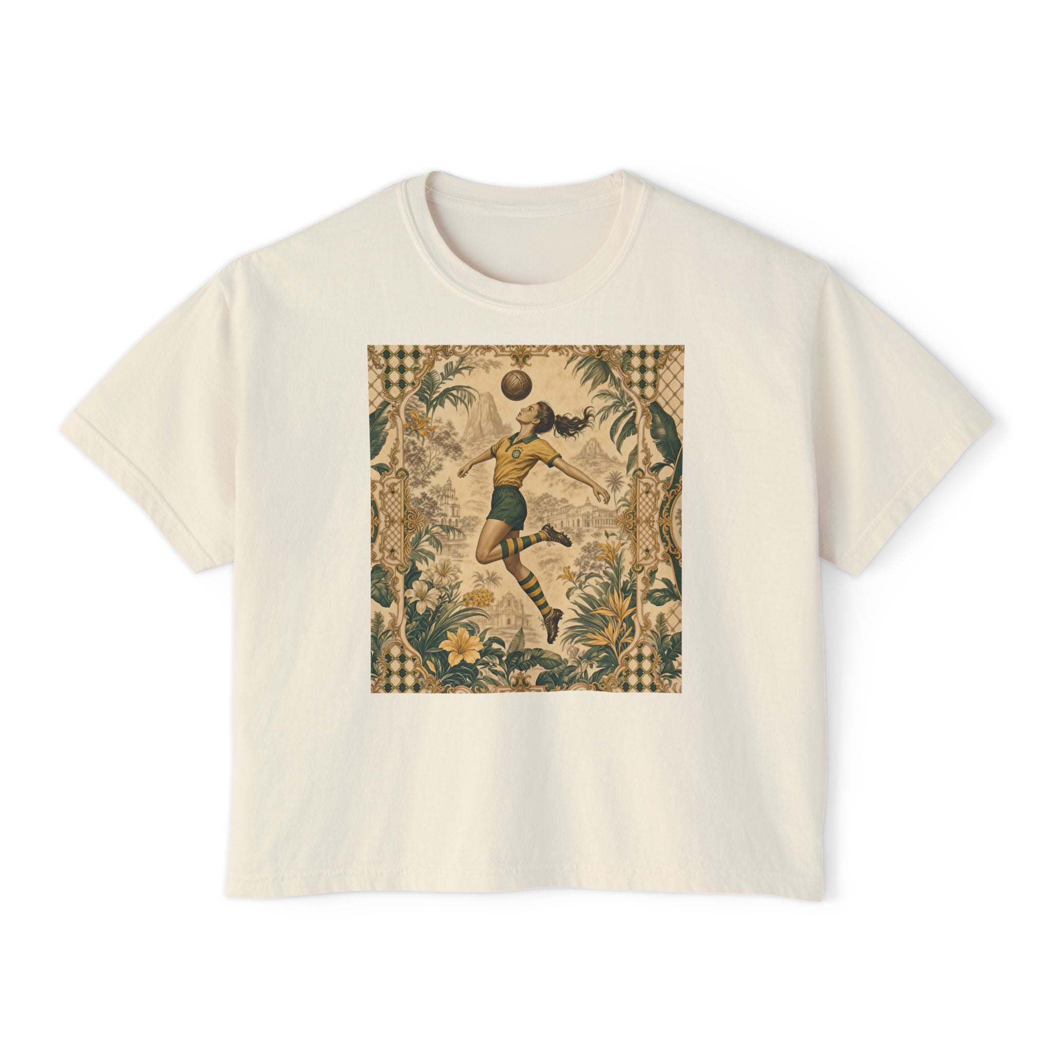 Vintage Soccer Player Boxy Tee – Retro Athletic Floral Graphic