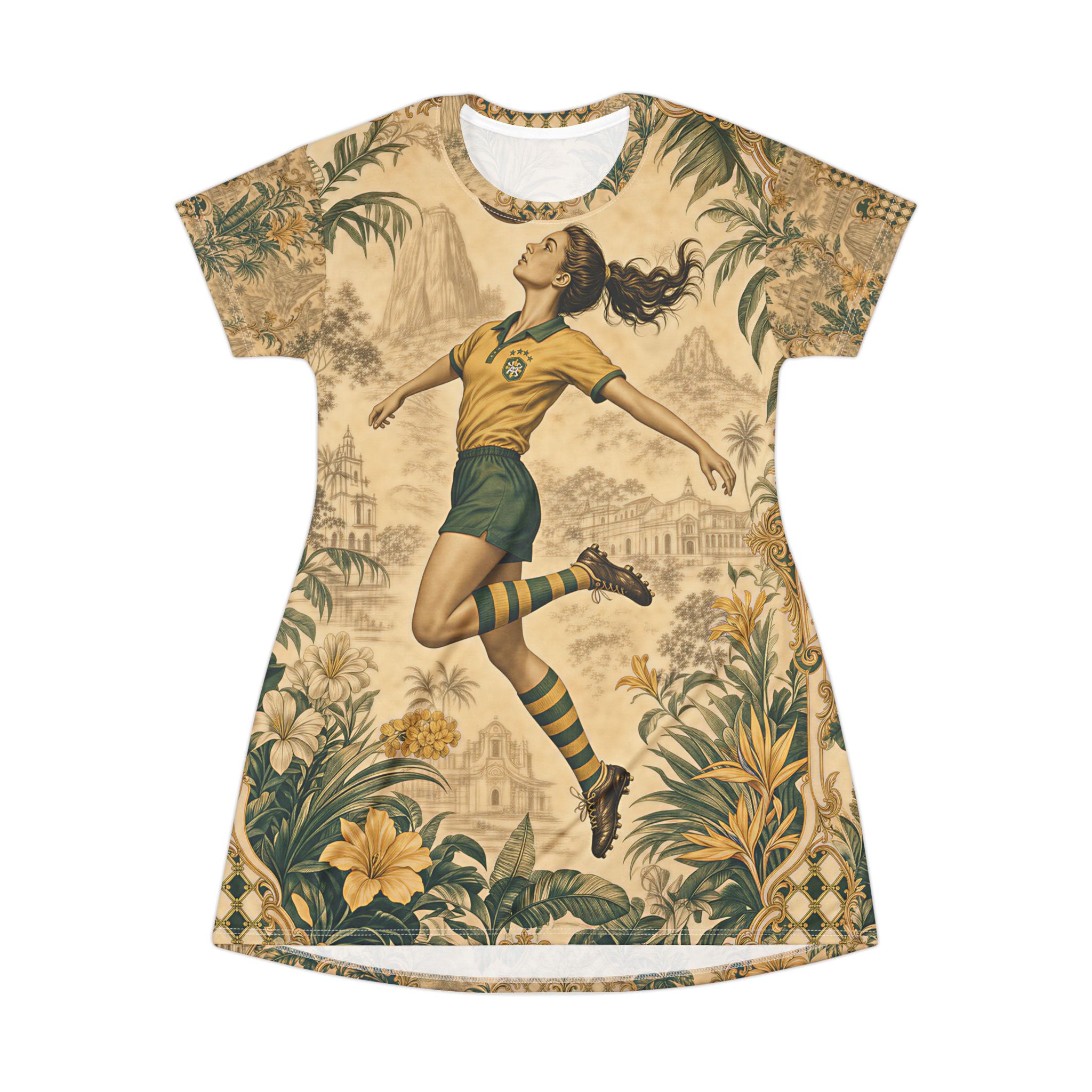 Brazilian Vintage Soccer T‑Shirt Dress — Retro Floral Football Print