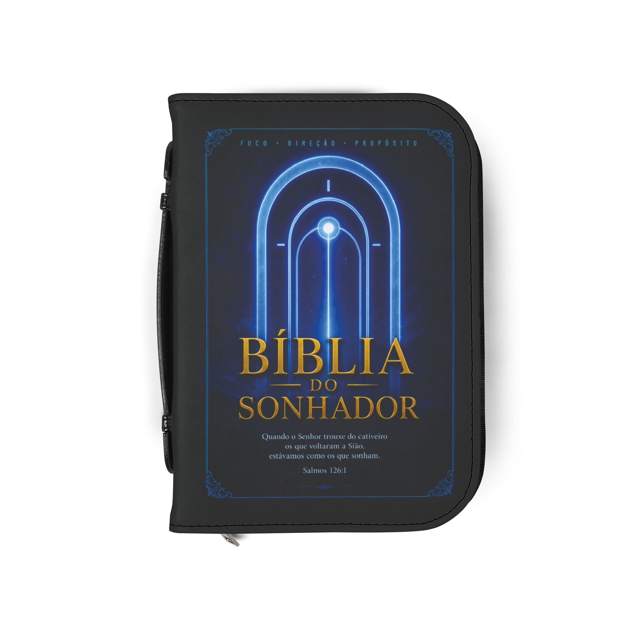 Bible Cover — "Bíblia do Sonhador" Zippered Cover with Blue Neon Arch & Regal Lion Artwork