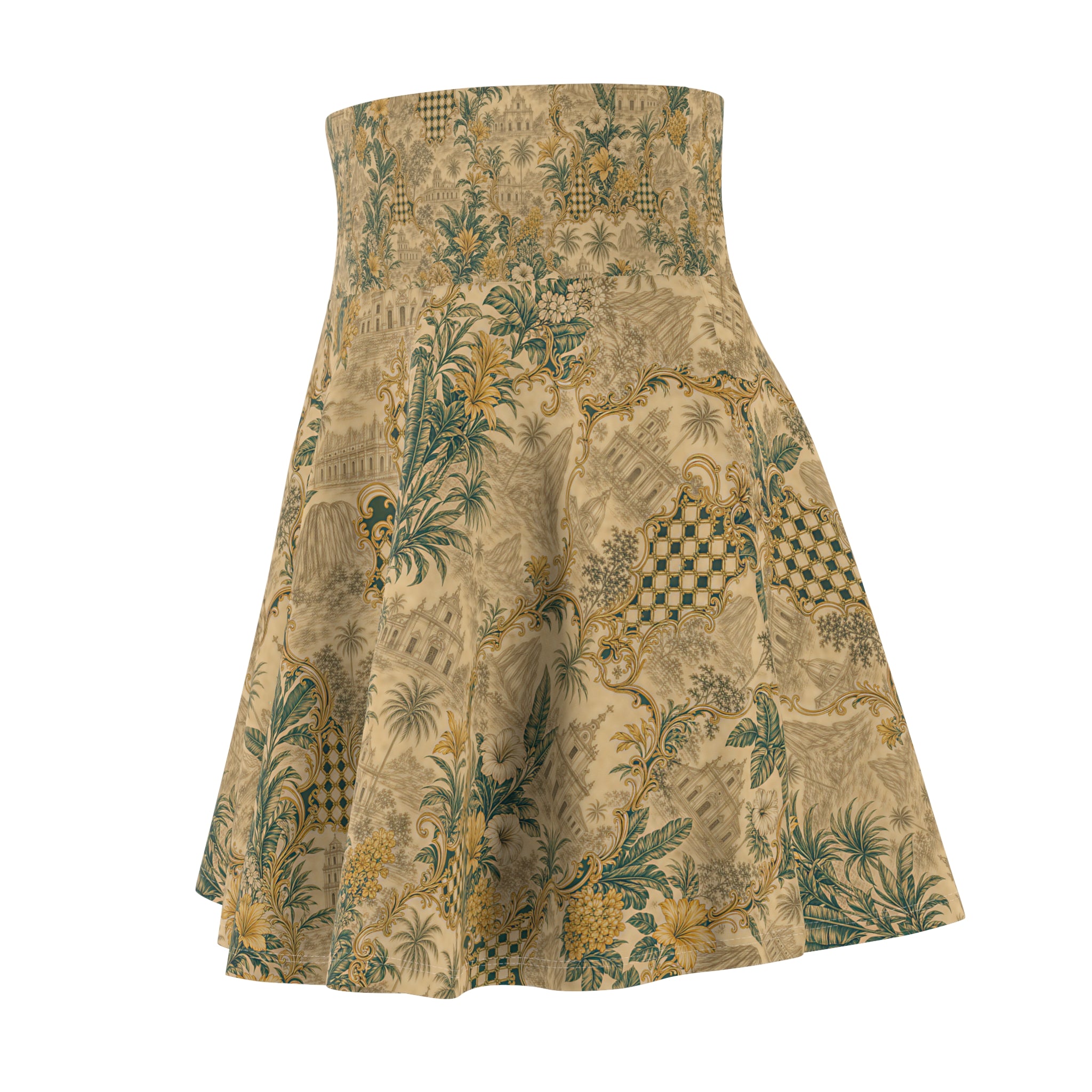 Vintage Botanical Skater Skirt — Distressed Floral Toile AOP