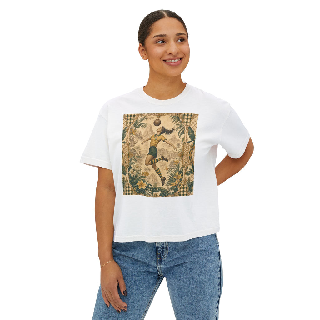 Vintage Soccer Player Boxy Tee – Retro Athletic Floral Graphic