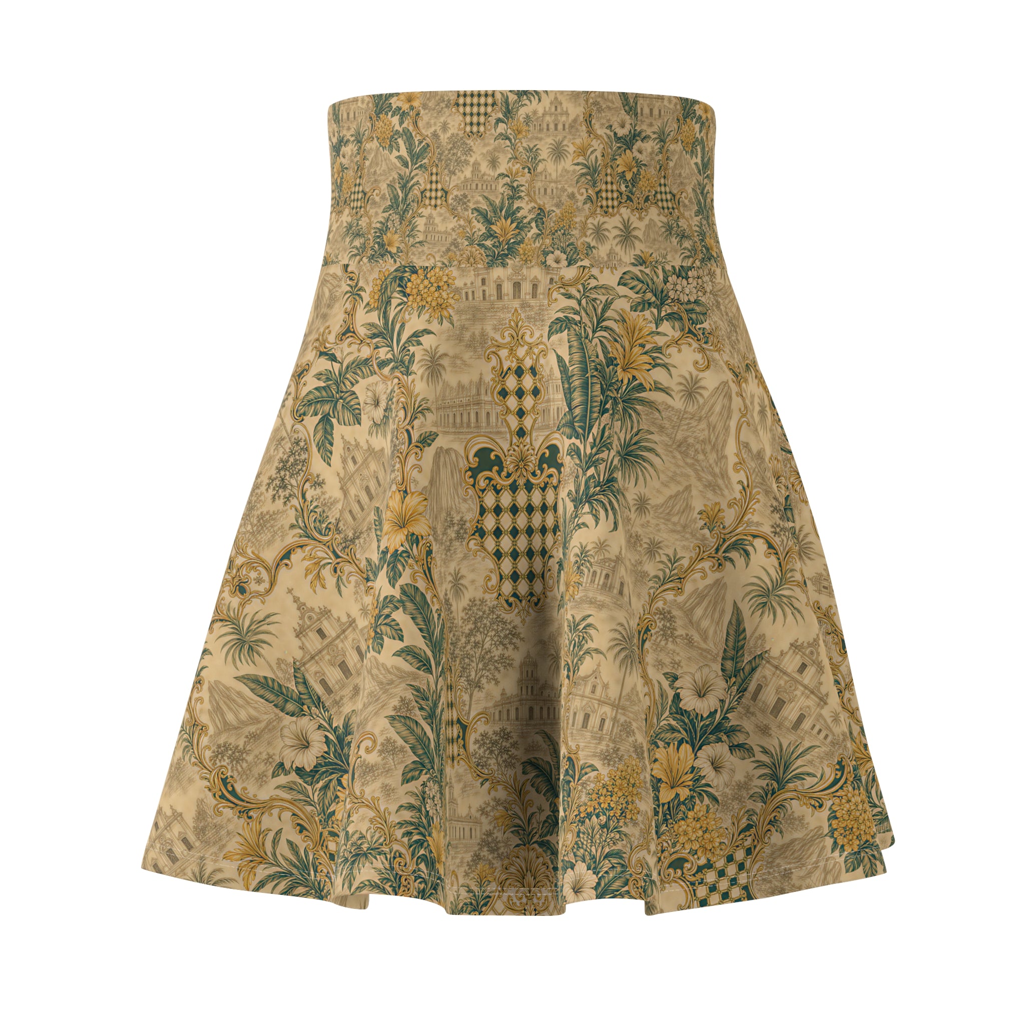 Vintage Botanical Skater Skirt — Distressed Floral Toile AOP