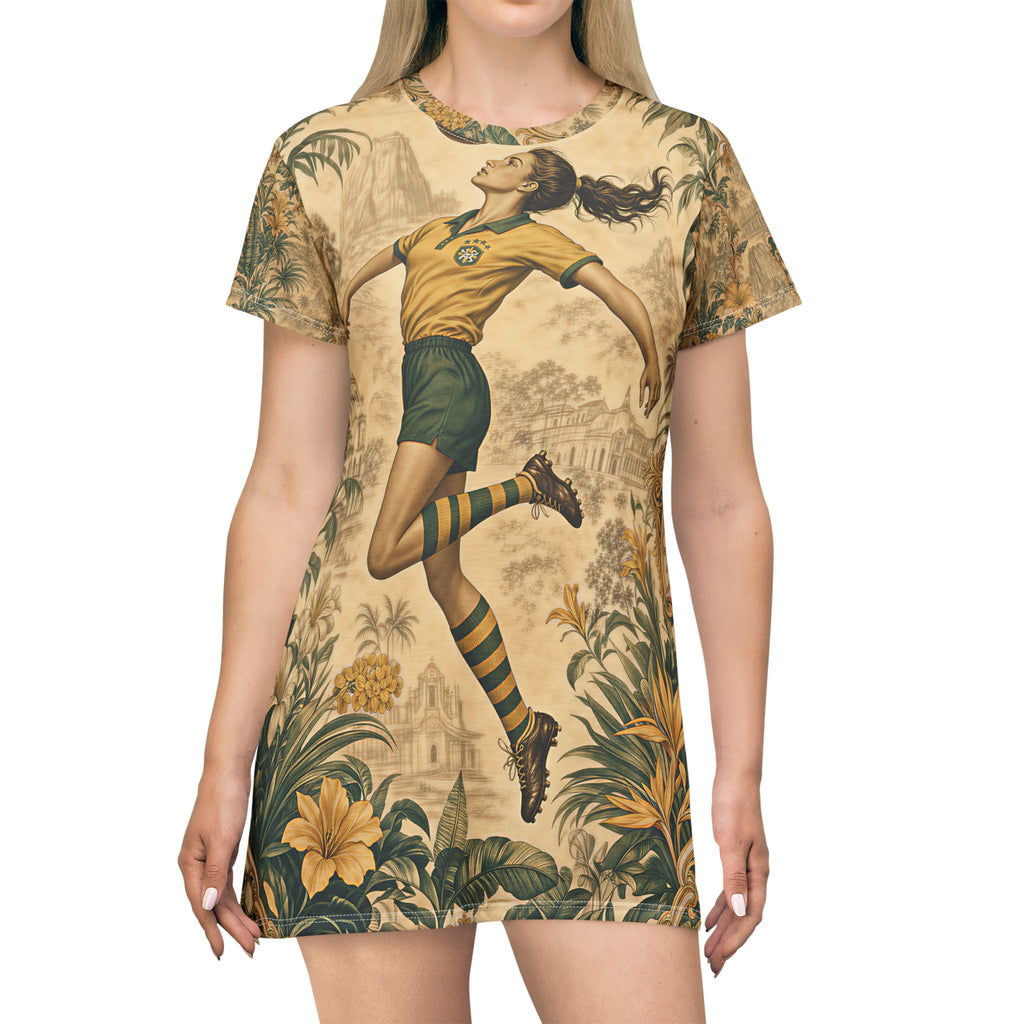 Brazilian Vintage Soccer T‑Shirt Dress — Retro Floral Football Print