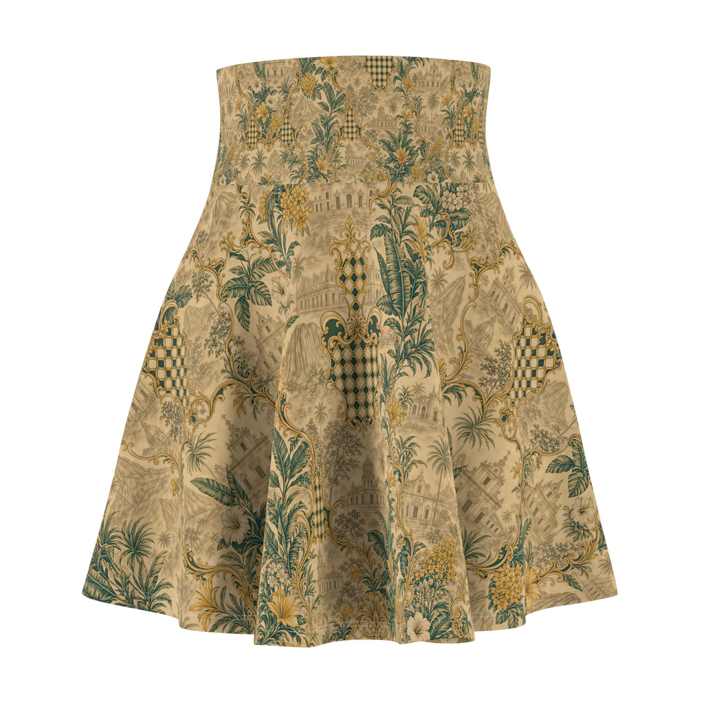Vintage Botanical Skater Skirt — Distressed Floral Toile AOP