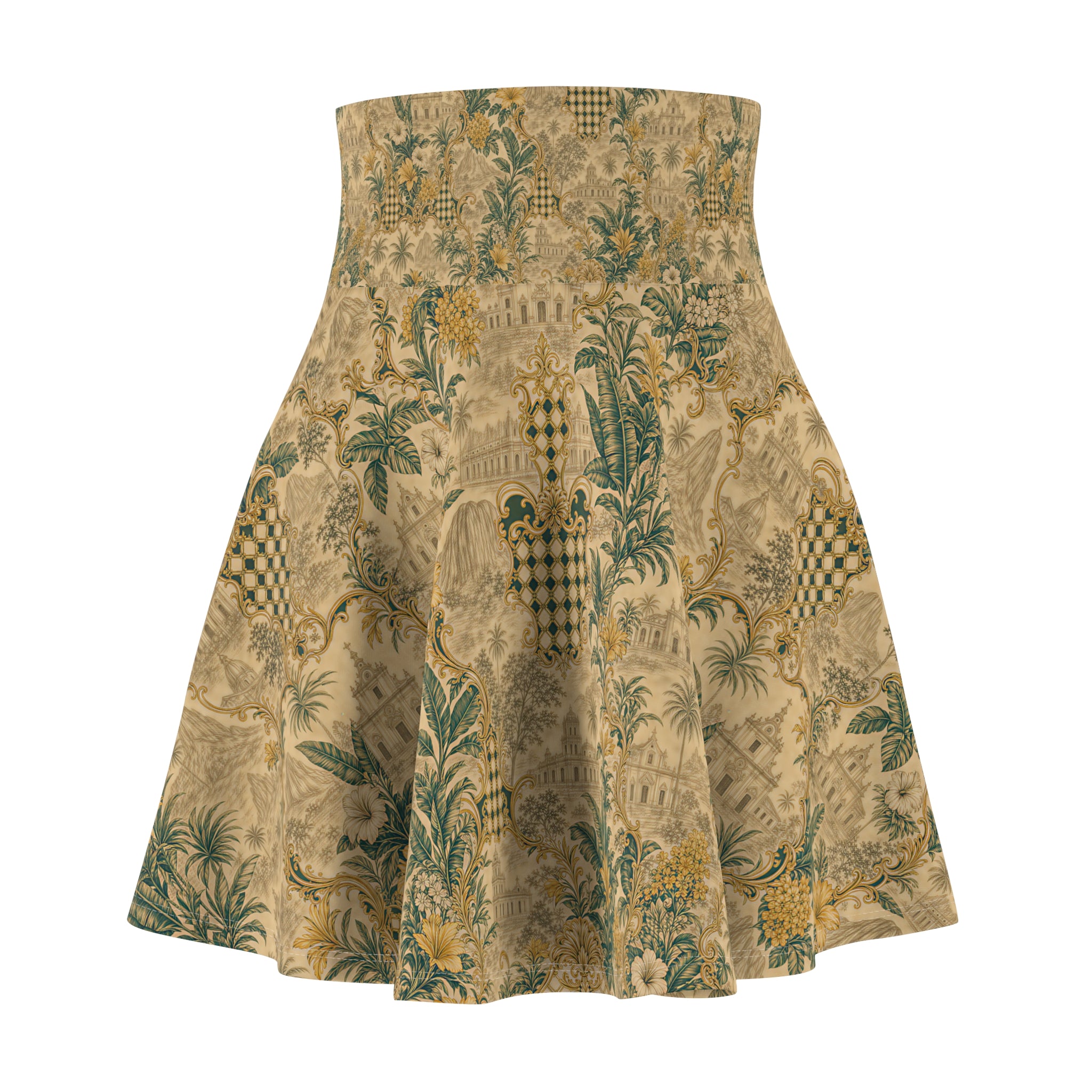 Vintage Botanical Skater Skirt — Distressed Floral Toile AOP