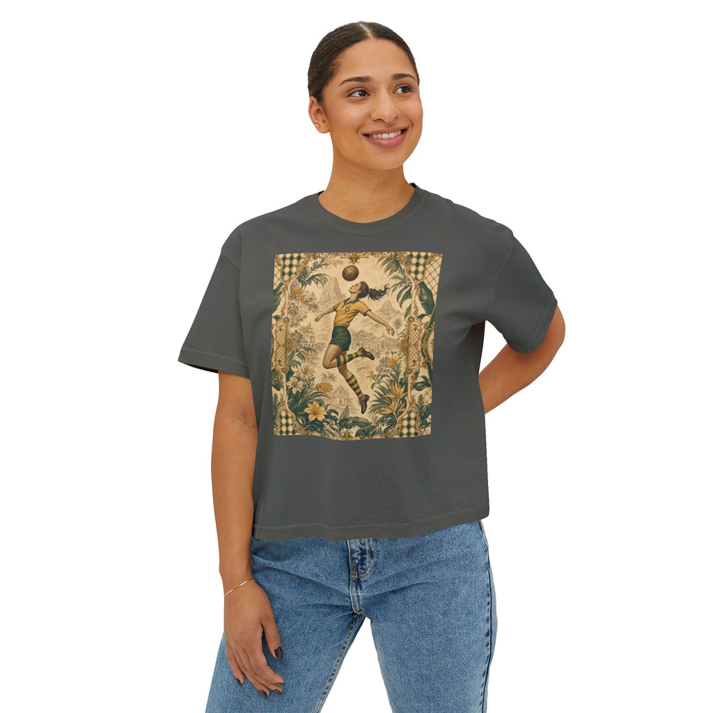 Vintage Soccer Player Boxy Tee – Retro Athletic Floral Graphic