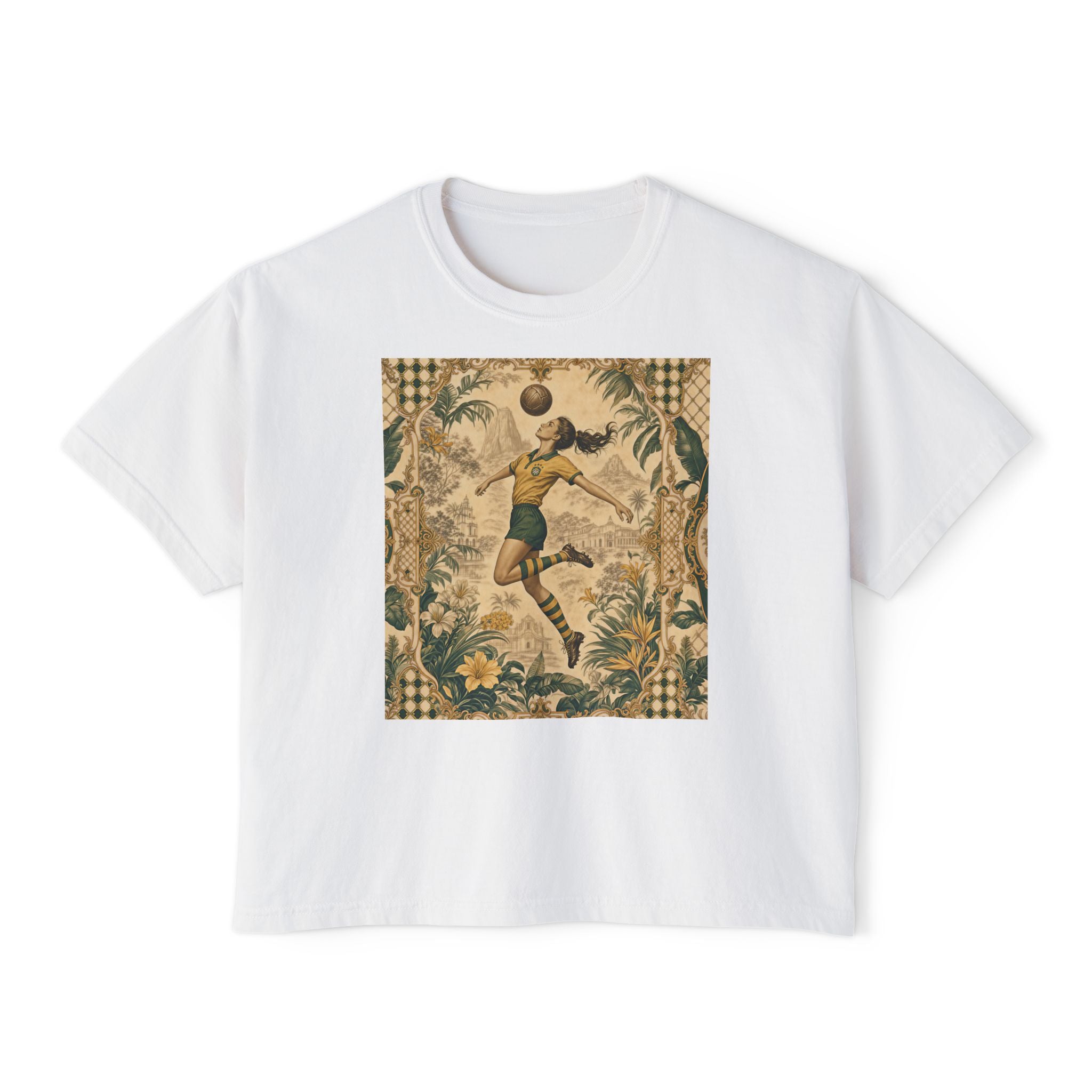 Vintage Soccer Player Boxy Tee – Retro Athletic Floral Graphic