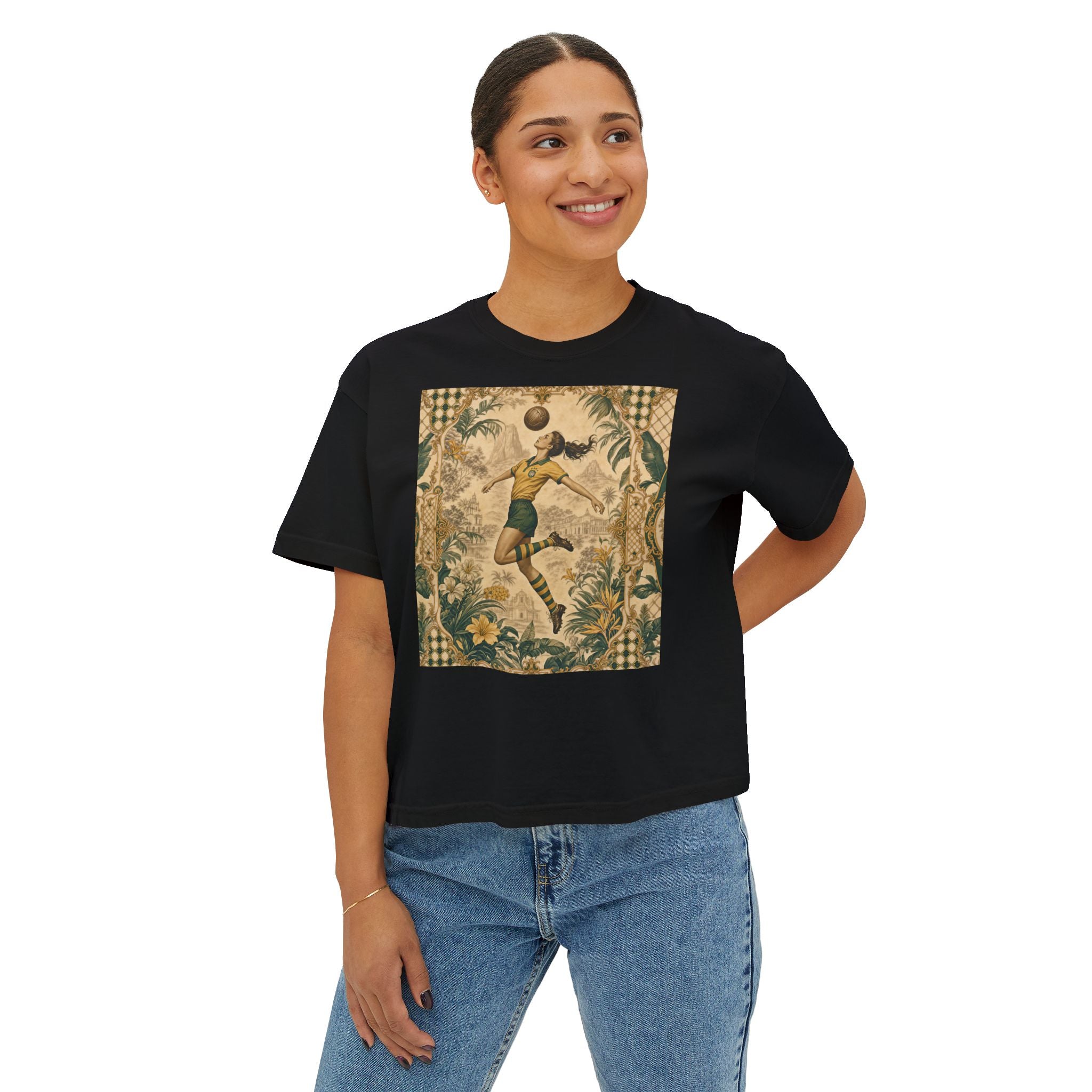 Vintage Soccer Player Boxy Tee – Retro Athletic Floral Graphic