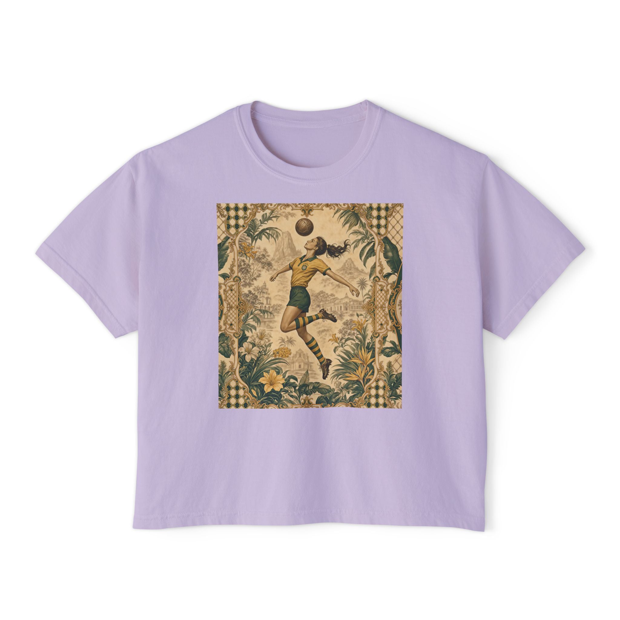 Vintage Soccer Player Boxy Tee – Retro Athletic Floral Graphic