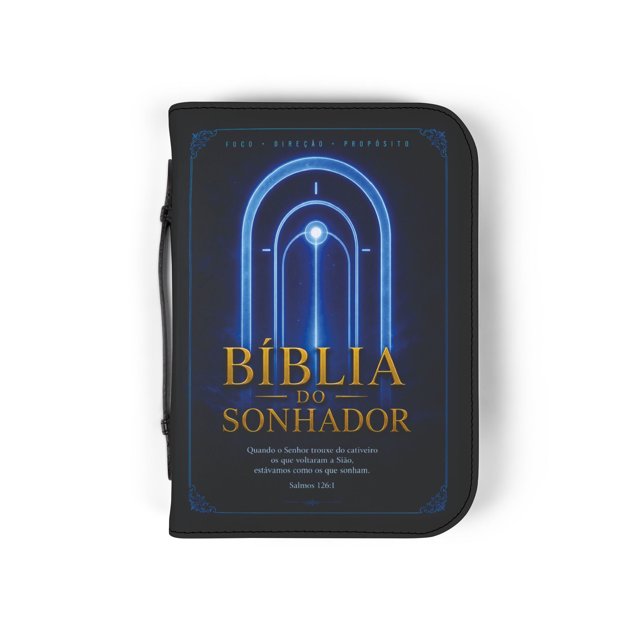 Bible Cover — "Bíblia do Sonhador" Zippered Cover with Blue Neon Arch & Regal Lion Artwork