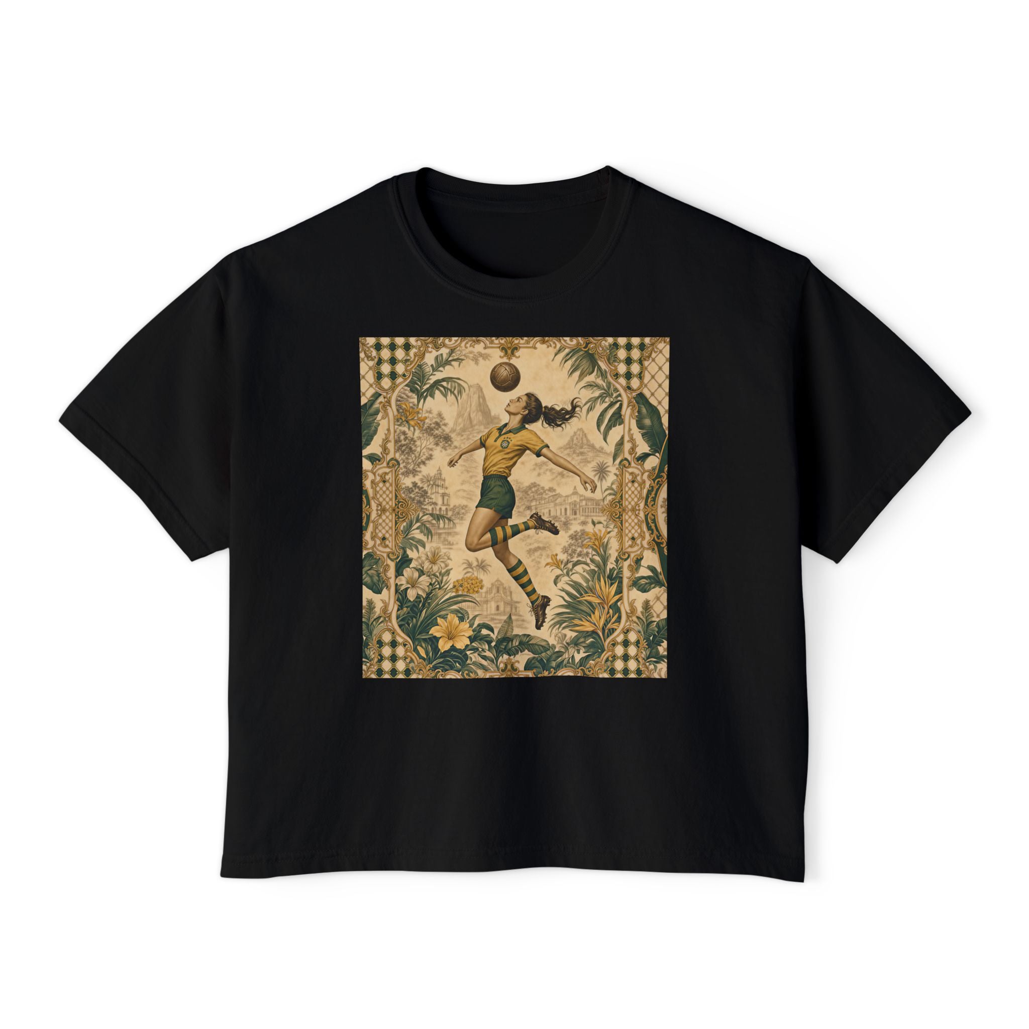 Vintage Soccer Player Boxy Tee – Retro Athletic Floral Graphic
