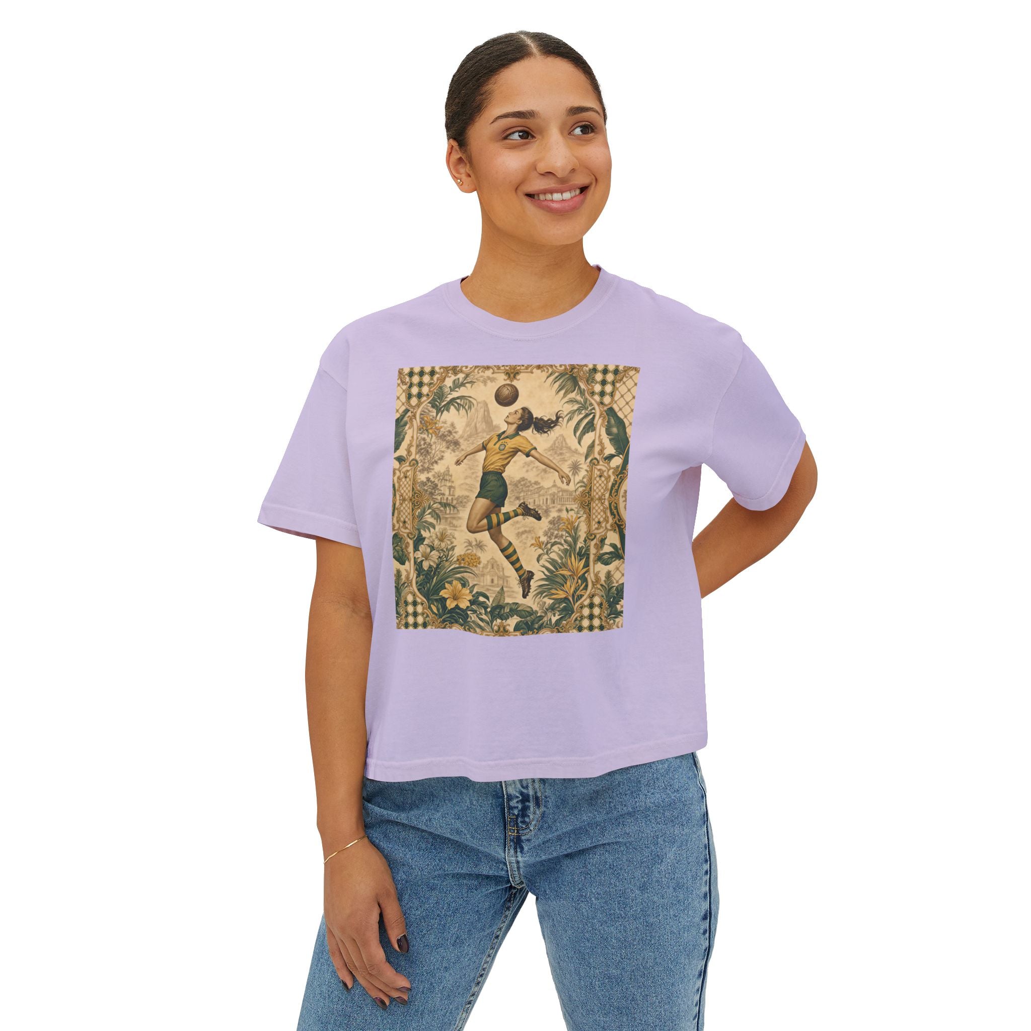 Vintage Soccer Player Boxy Tee – Retro Athletic Floral Graphic