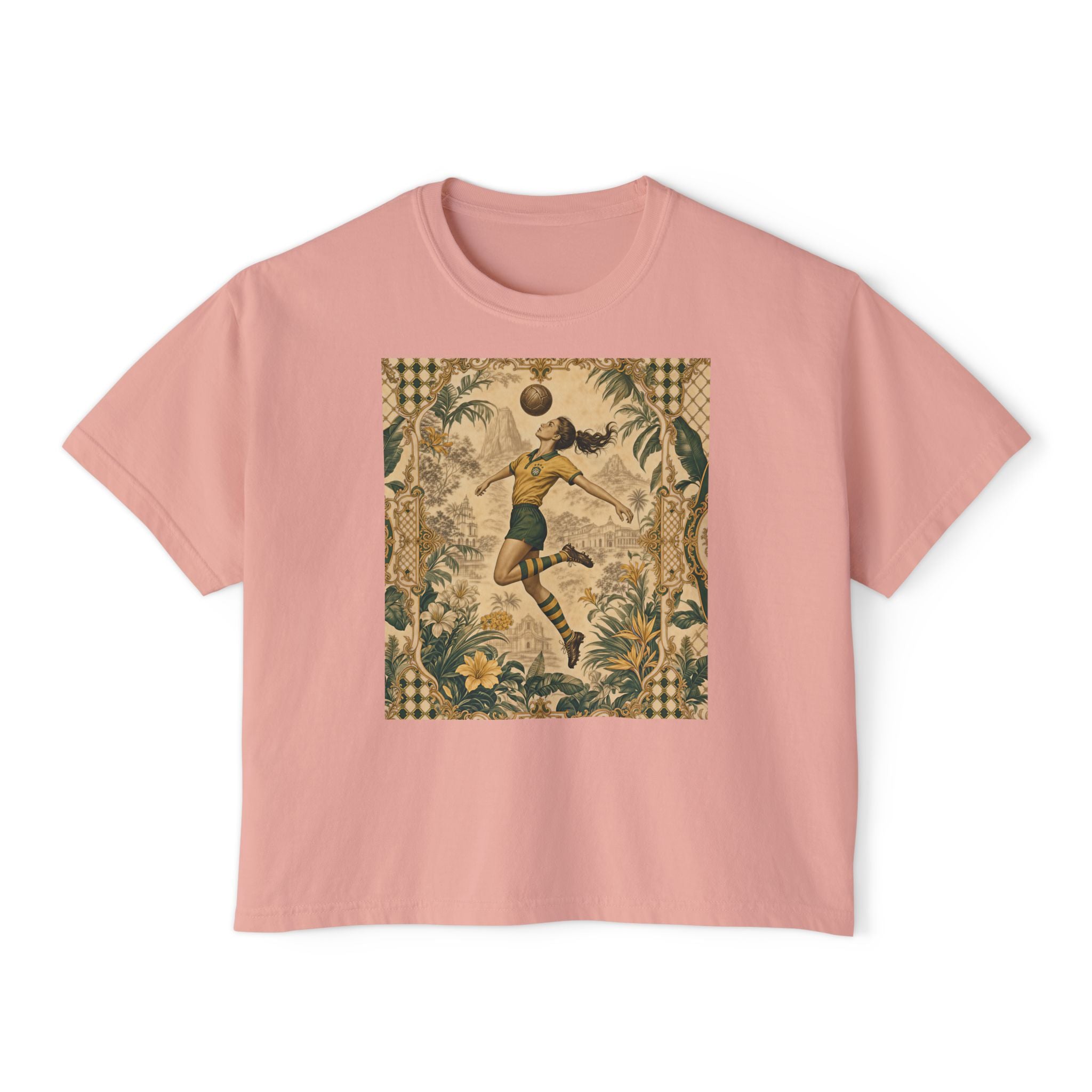Vintage Soccer Player Boxy Tee – Retro Athletic Floral Graphic